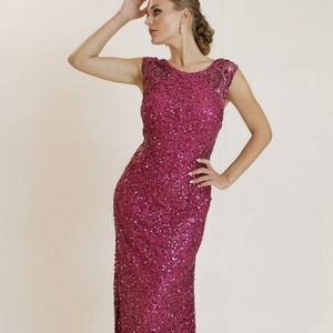 NWT SCALA Sequin Evening Gown with Open Back, Wine color, size 16-18
